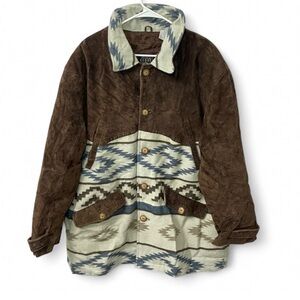 Vintage Boutique Europa Suede Leather Jacket Aztec Pattern Knit 80s–90s, Size XL